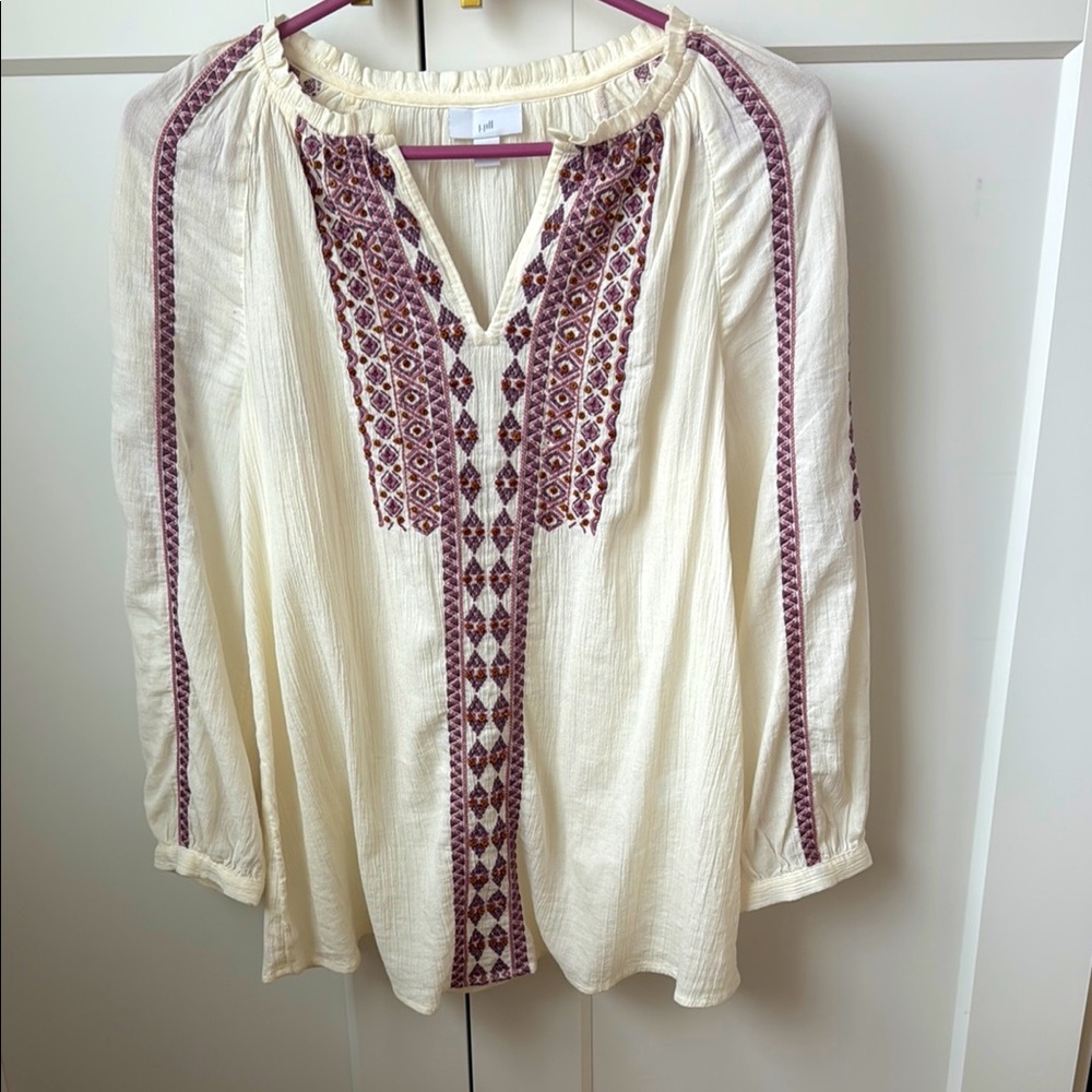 J. Jill Cream Blouse with Purple Embroidery and Beading Size XS